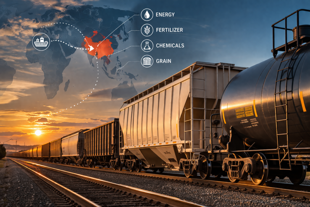 Supply chain at sunset across rails