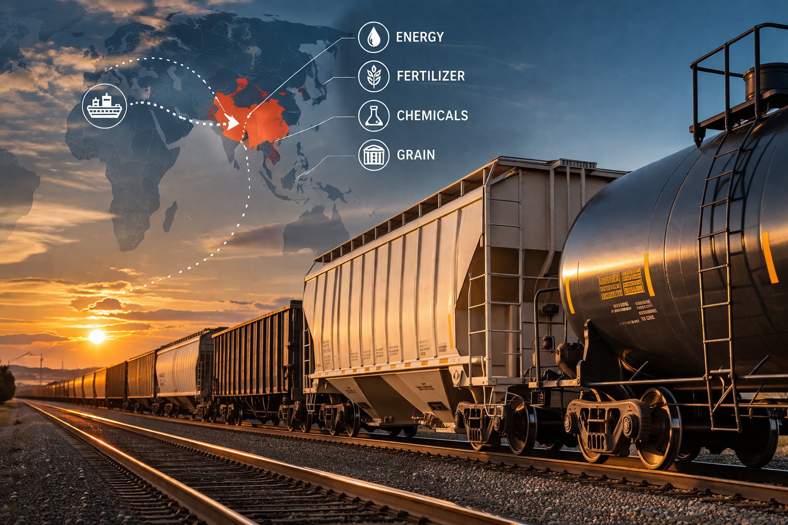 Supply chain at sunset across rails