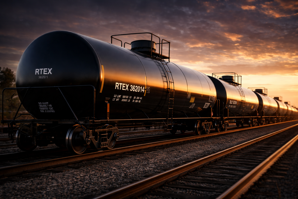Tank railcars at sunset