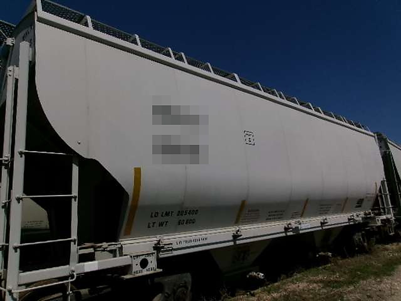 Side view of a 3,285 CF small-cube steel covered hopper available from RTEX for salt and dense dry bulk service
